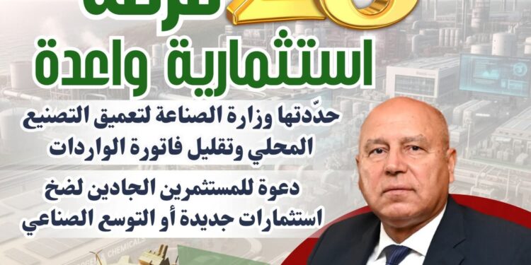 28 فرصة استثمارية واعدة المحددة من وزارة الصناعة بهدف تعميق التصنيع المحلي وتلبية احتياجات السوق 