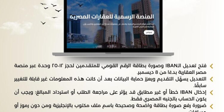 عبر منصة مصر العقارية: فتح إمكانية تعديل الـ IBAN للحساب البنكي وصورة بطاقةالرقم القومي للمتقدمين لـ حجز ٢٥٠١٢ وحدة سكنية